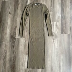 Zara Ribbed Knit Stretchy Midi Pencil Dress In Mid Olive Gree Size Small Stretch